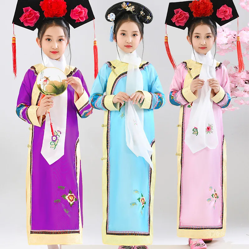 

Chinese Traditional Dress Qing Dynasty Court Costumes Small Swallows Clothes Maid Manchu Gege Children's Cheongsam Performance
