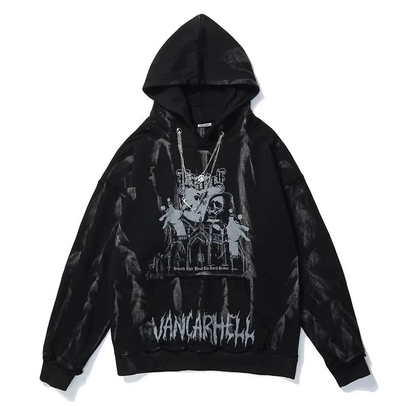 

Aolamegs-Men Hip Hop Hoodie Gothic Horror Skull Print Streetwear Punk Chain Hipster Loose