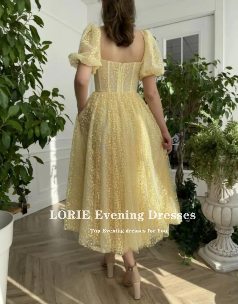

Eightale Yellow Prom Dress 2021 Embroidered Dandelions Boning Short Puffy SleevesTea-length Side Pockets Evening Party Gown