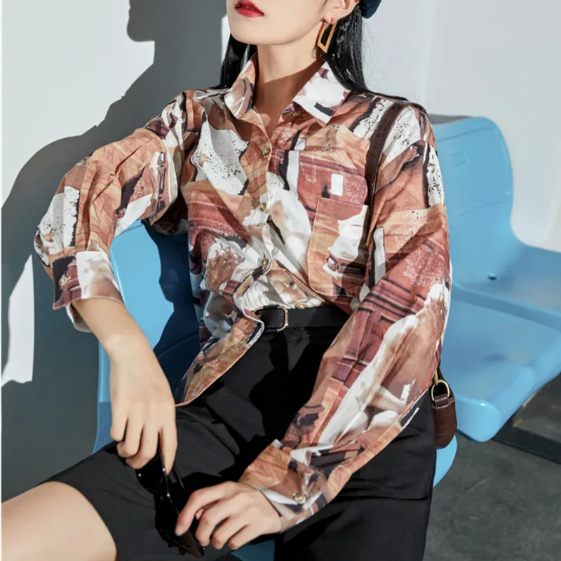 

2020 autumn turn-down collar long sleeve Statue print street wear vintage Straight version chic Shirt for women V016