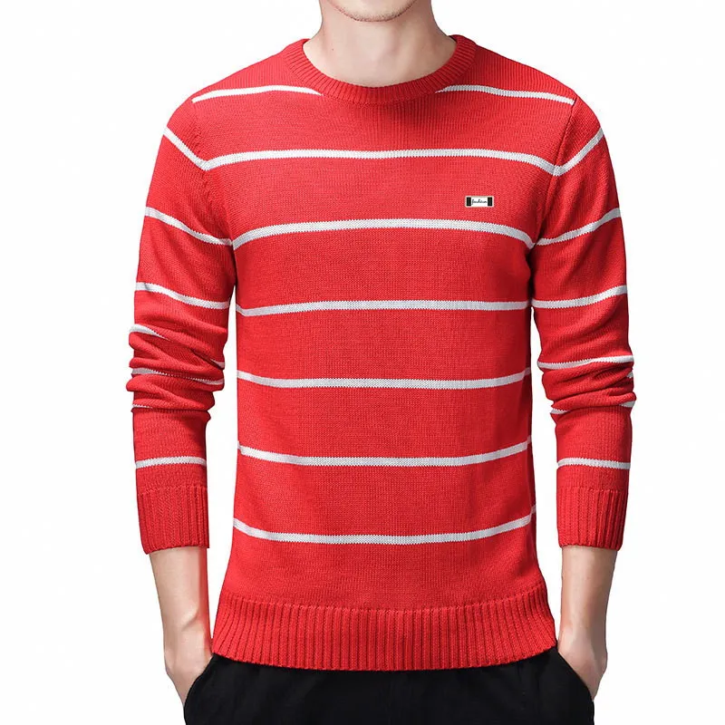 

Casual Men's Sweater O-Neck Striped Slim Fit Knittwear 2020 Autumn Mens Sweaters Pullovers Patch Embroidery Logo M-3XL XR900