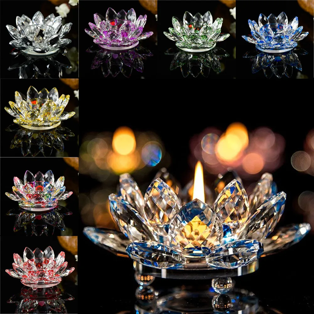 

7 Colors Crystal Glass Lotus Flower Candle Tea Light Holder Buddhist Candlestick Daily necessities 2021