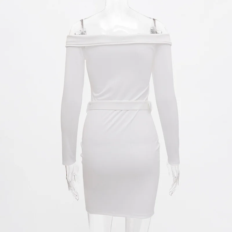 

Zipper Up Belted White Rose Red Bodycon Dress Women Long Sleeve Off Shoulder Mini Sexy Dress Party Female Vestidos Autumn Spring