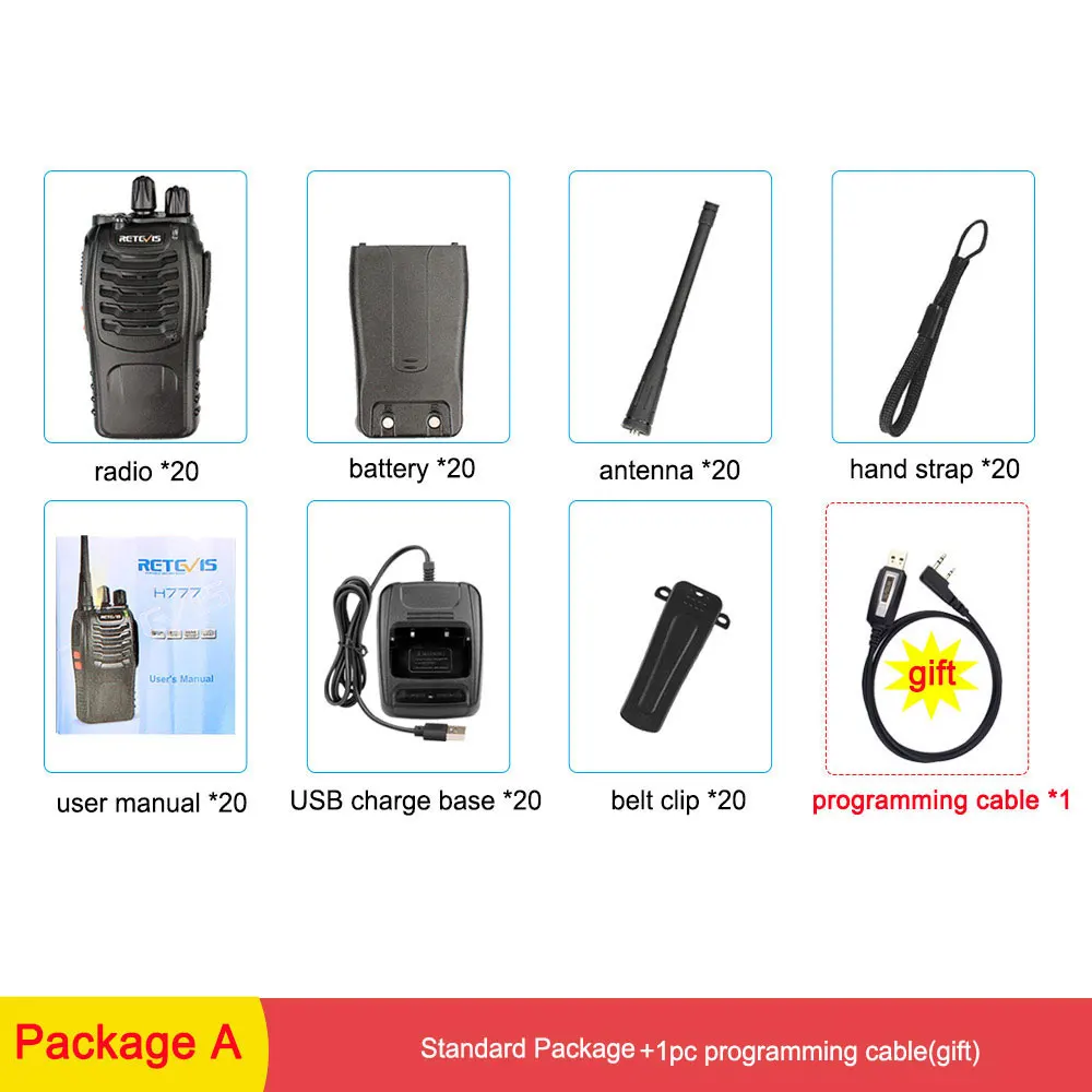 20 шт портативная рация Retevis H777 3W UHF 400-470MHz Портативный радиоприемник, радиоприемник Hf трансивер, Коммуникационный инструмент - Цвет: Package A