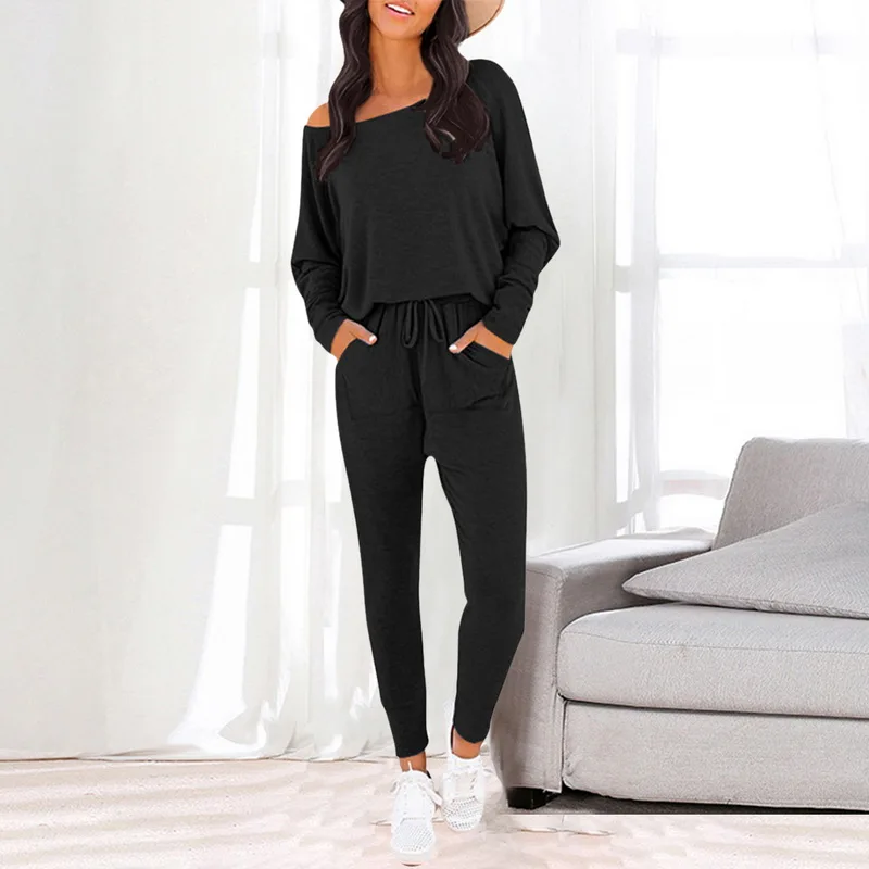 

Women's Solid O-Neck Pajamas Set Long Sleeve Top And Drawstring Long Pants Home Clothes Female Spring Autumn Casual Pajama