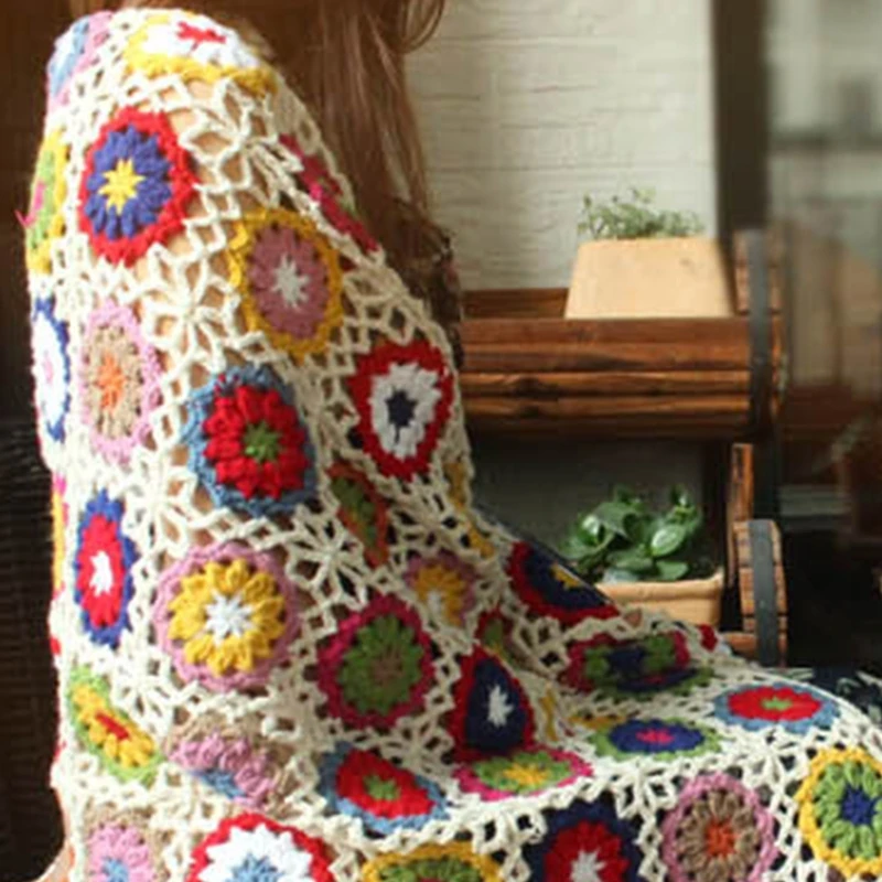 

Boho Vintage Handmade Crochet Sofa Throw Blanket Colorful Geometric Flower Sweater Style Table Mat Couch Bed Cover Decor