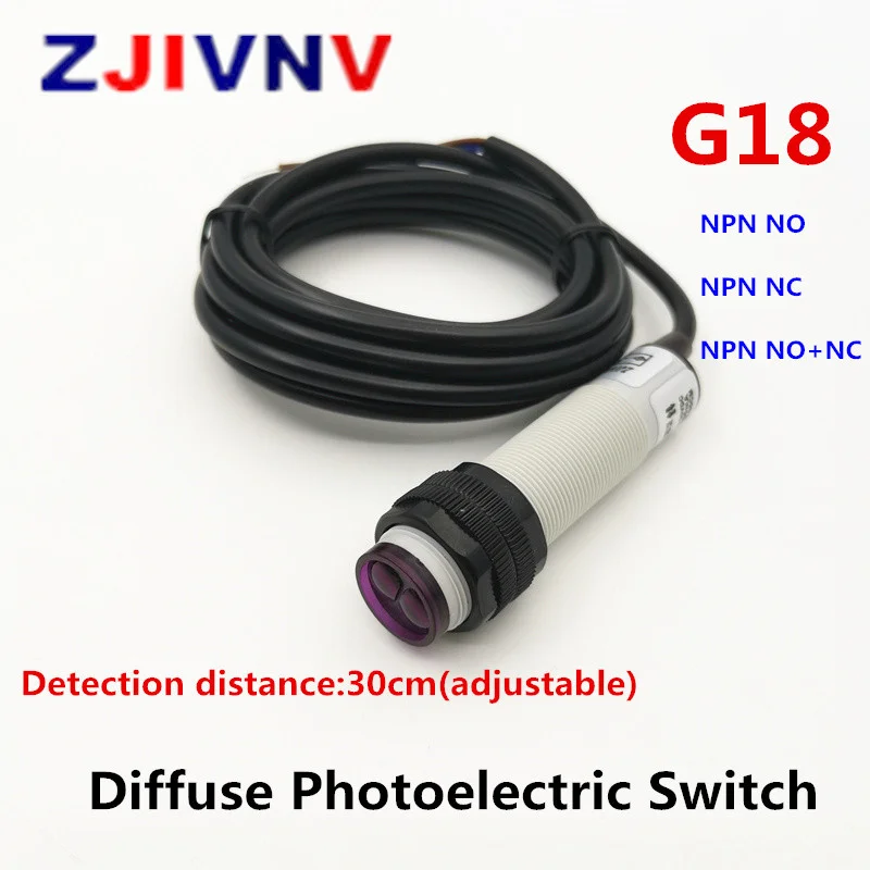

8mm NPN NO/NC/NO NC Diffuse Photoelectric Switch Optoelectronic Sensor Plastic Shell 3/4 Wires Distance 30cm Adjustable