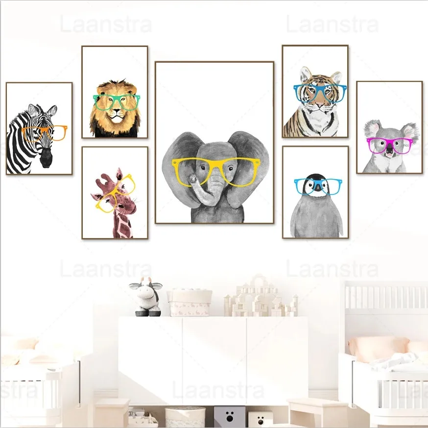 

Lion Tiger Elephant Giraffe Zebra Penguin Poster Safari Nursery Wall Art Prints Canvas Painting Decor Pictures Baby Kids Room