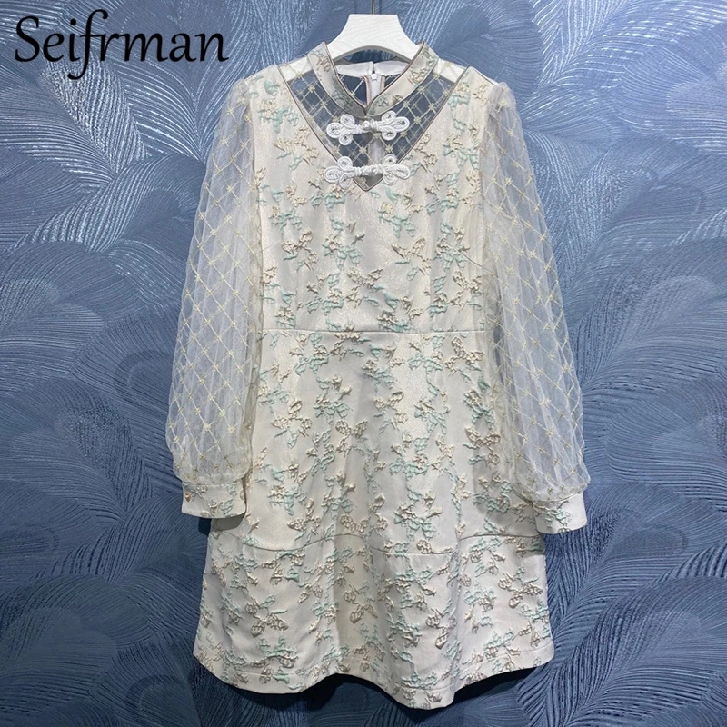 

Seifrmann New 2021 Summer Women Fashion Designer Short Dress Lantern Sleeve Button Print Elegant Ladies Patchwork A-Line Dresses