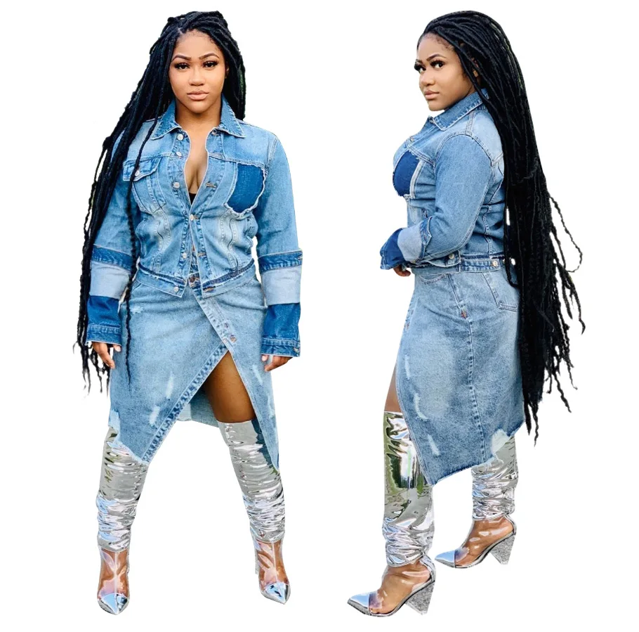 Облегающее джинсовое пальто в стиле ретро с отверстиями верхняя одежда длинным