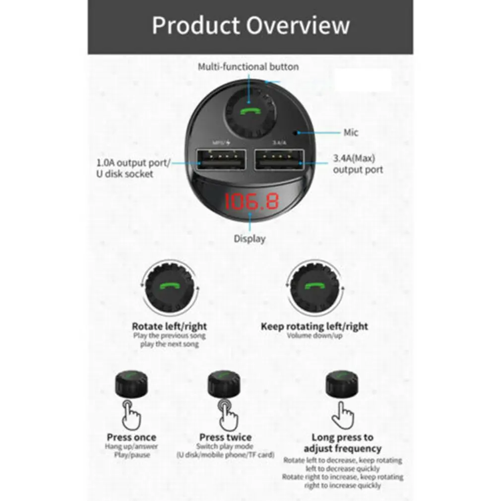 

Car Charger FM Transmitter Wireless Car Audio MP3 Player TF Card Car Kit Dual USB Car Phone Charger