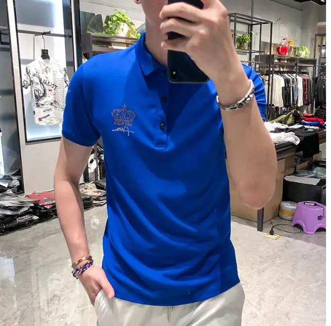 brand quality cotton polo shirt men hot drill slim fit short sleeve polos men fashion diamond stone mens polo free global shipping