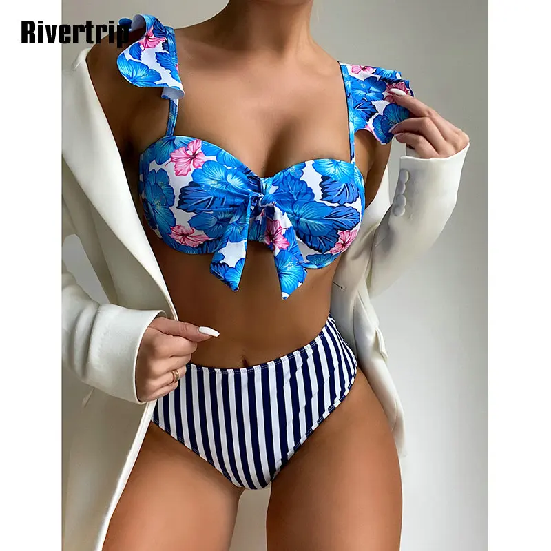 

Rivertrip Floral Print Women's Bikinis 2022 Stripe Swimsuits Beachwear Bath Suits High Waist Swimwear Biquinis Ruffle Plage Wear