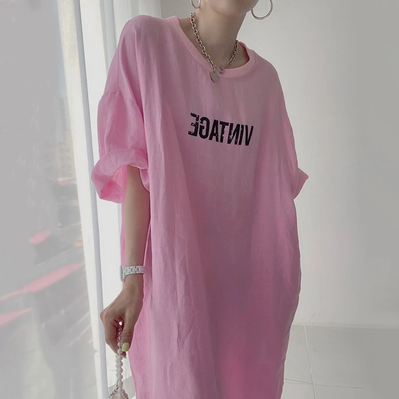 

Korejpaa Women Dress 2021 Summer Korean Fashion Chic Casual Round Neck Old Letter Printing Design Loose Long T-shirt Vestidos