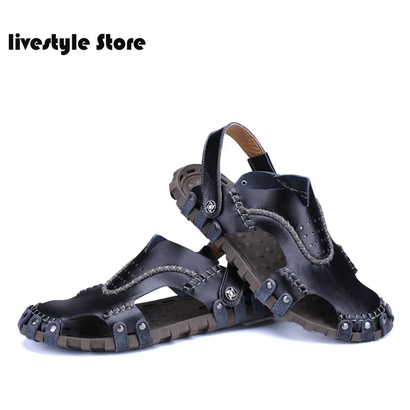 

2021 Summer Sandals Men Cow Leather Classic Roman Sandals Slipper Outdoor Sneaker Beach Rubber Flip Flops Men Water Shoes
