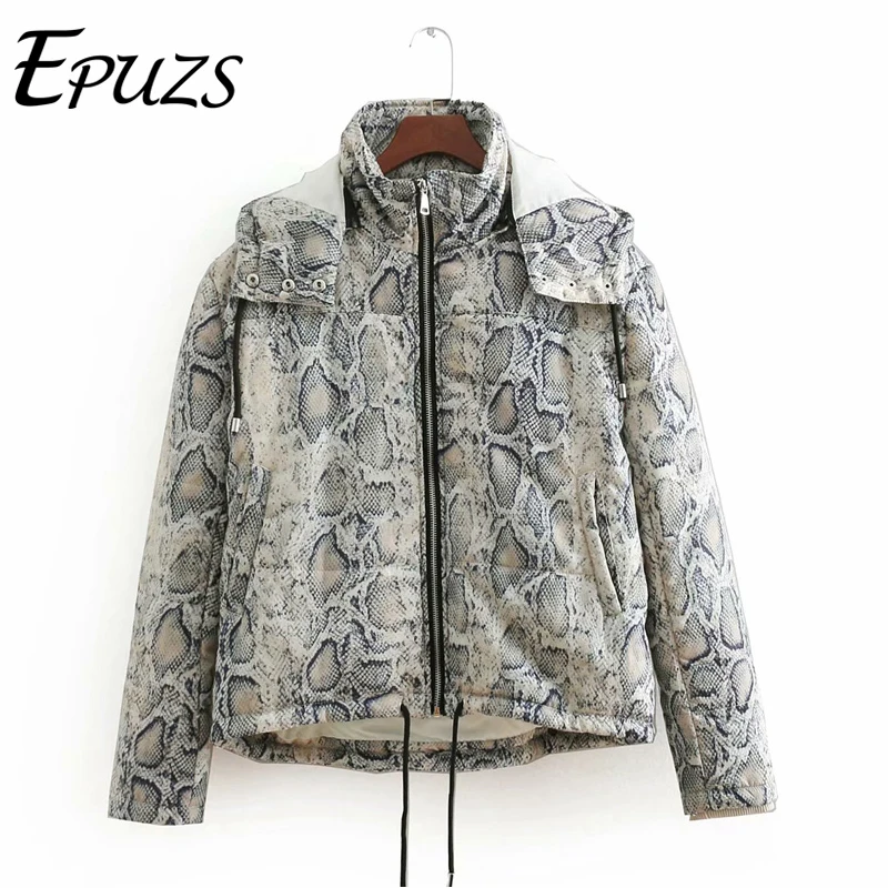 Женские зимние пальто 2019 животный принт змеиной кожи парка теплое Стеганое парки