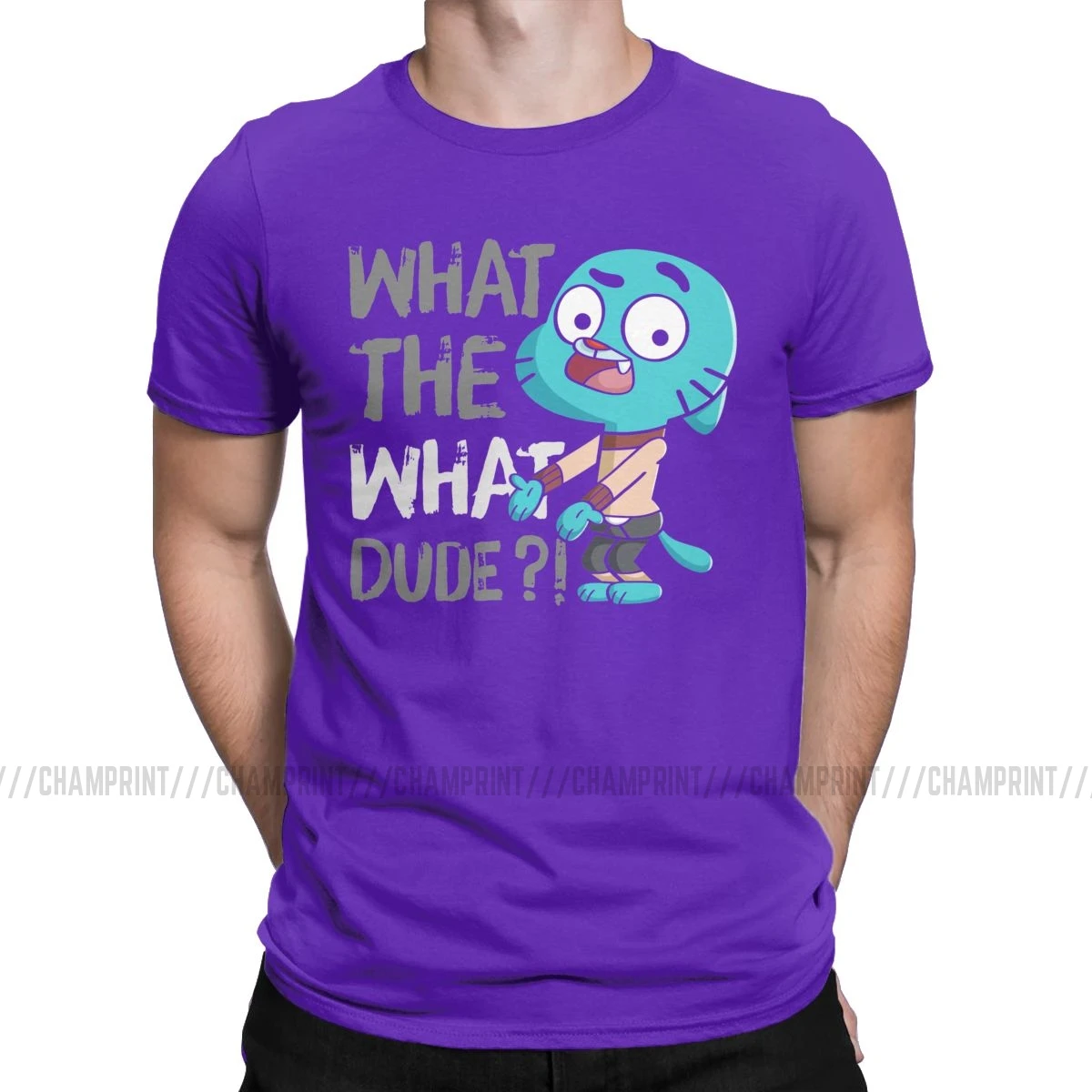Men T-Shirt What The What Dude Creative Pure Cotton Tees Short Sleeve The Amazing World of Gumball T Shirt O Neck Tops Gift - Цвет: Фиолетовый