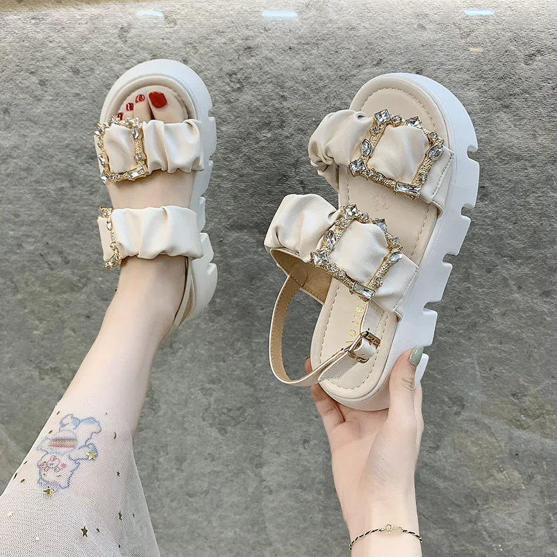 

Rhinestone Muffin Sandals Women's 2021 Summer New Pleated Platform Increased Casual Gear Roman Shoes