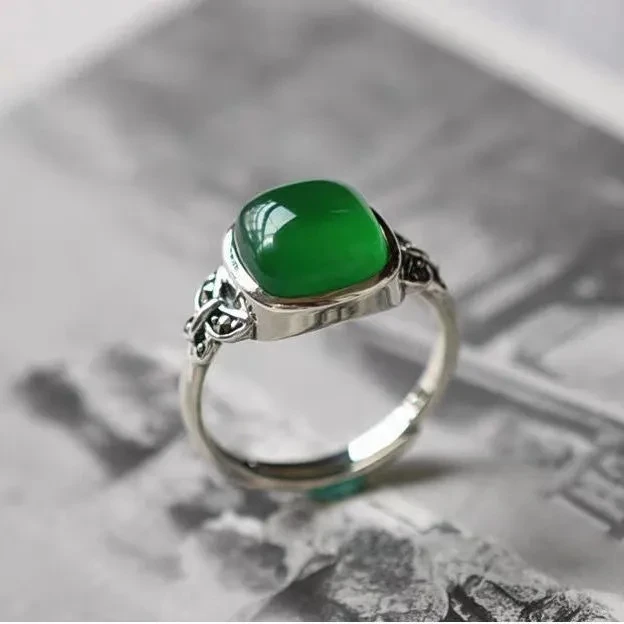 

S925 Sterling Silver Inlaid Green Agate Gemstone Ring Vintage Women's Open Emerald Green Chalcedony Open Ring