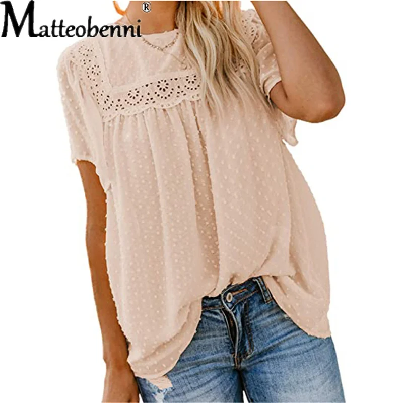 

Elegant Lace Crochet Pompom Chiffon Blouses For Women Short Sleeve Casual Blouses Ladies O Neck Loose Summer Street Top Blouses
