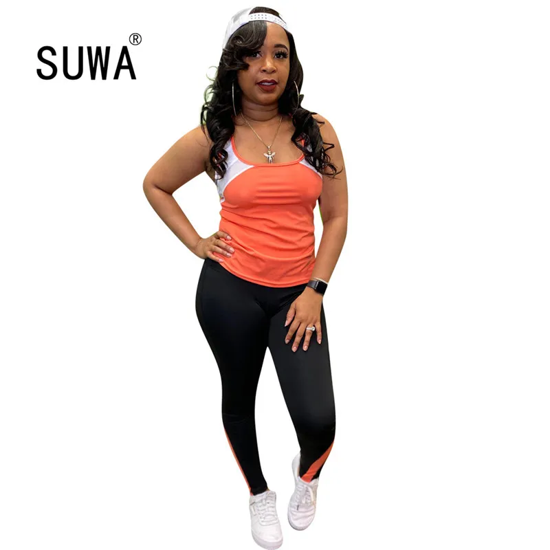 

Casual Sporty Active Wear Matching Set Women Sleeveless Workout Bodycon 2 Piece Outfits Skinny Crop Top and Pants Chic Suit