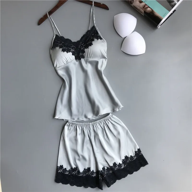 2019 женские атласные пижамы наборы с шортами без рукавов шелковые спагетти на