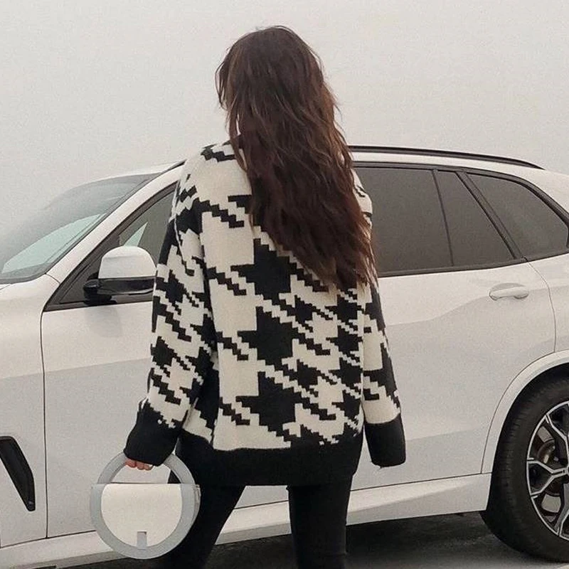 Женский вязаный свитер с высоким воротником пуловер из твида гусиная лапка