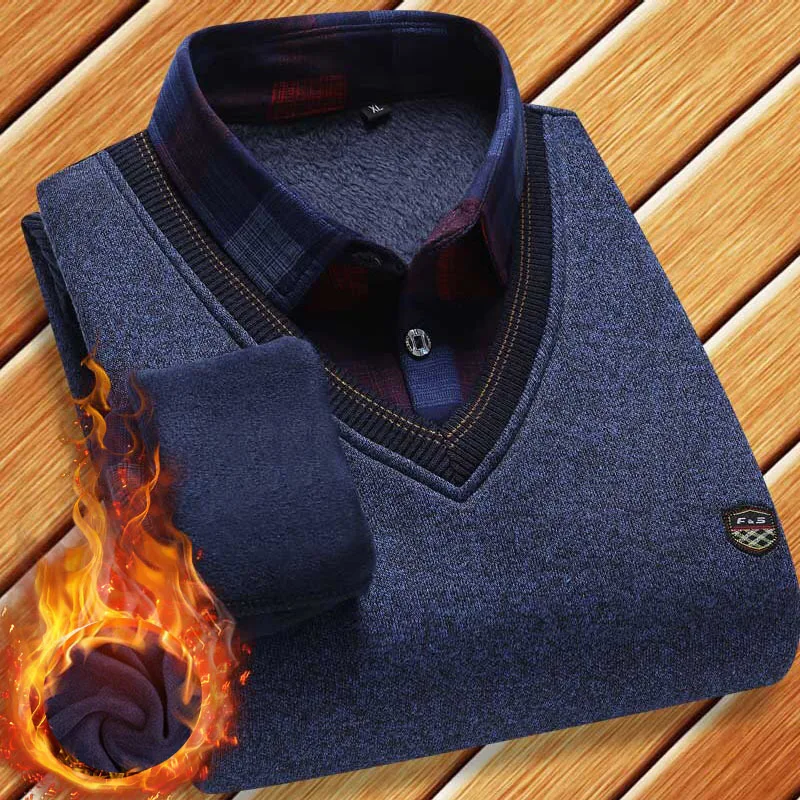 

Young and Middle-aged Men's Shirt Collar Fake Two-piece Sweater Bottomed Shirt Men'sSweater Mens Knitted Sweater Winter Clothes