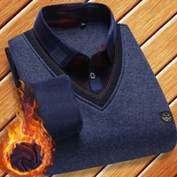 young and middle aged mens shirt collar fake two piece sweater bottomed shirt menssweater mens knitted sweater winter clothes