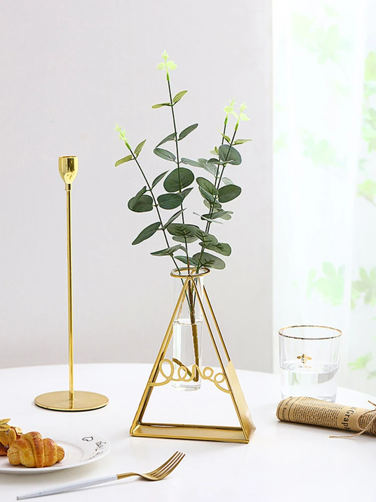 

Nordic Creative Vase Golden Glass Vase Home Decor Hydroponic Plant Holder Iron Line Flowers Decoration Table Decorations