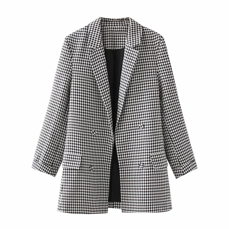 

PUWD Vintage Women Gray Plaid Blazers 2021 Summer Fashion Ladies Chic High Street Notched Collar Outwear Girls Casual Blazer