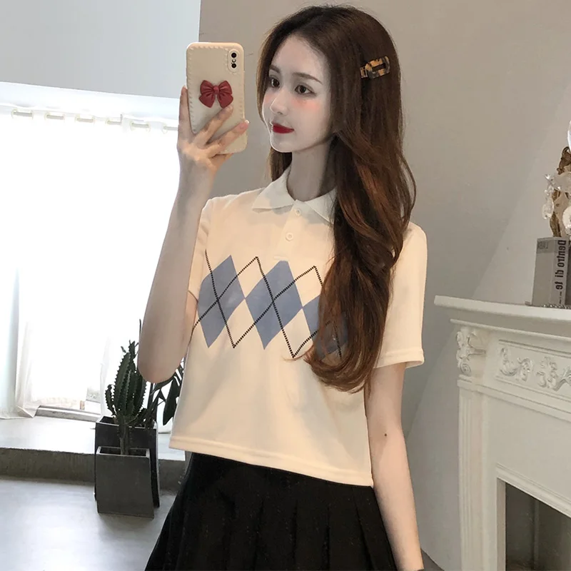 

Женская летняя футболка-поло, с коротким рукавом, свободная, повседневная, простая, с высокой талией, в стиле колледжа, 2021