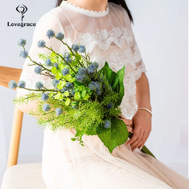 Lovegrace Bridal Wedding Long Bouquet Artificial Silk Pompon Flowers Fake Pine Needles Leaves Pink Photography Supplies | Свадьбы и