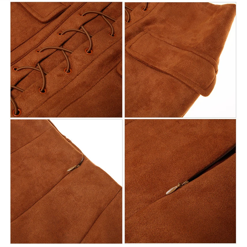 

Colysmo Vintage Suede Skirt High Waist Pencil Skirt Winter External Pocket Faux Leather Skirts Womens Fall Mini Cut out Outfits
