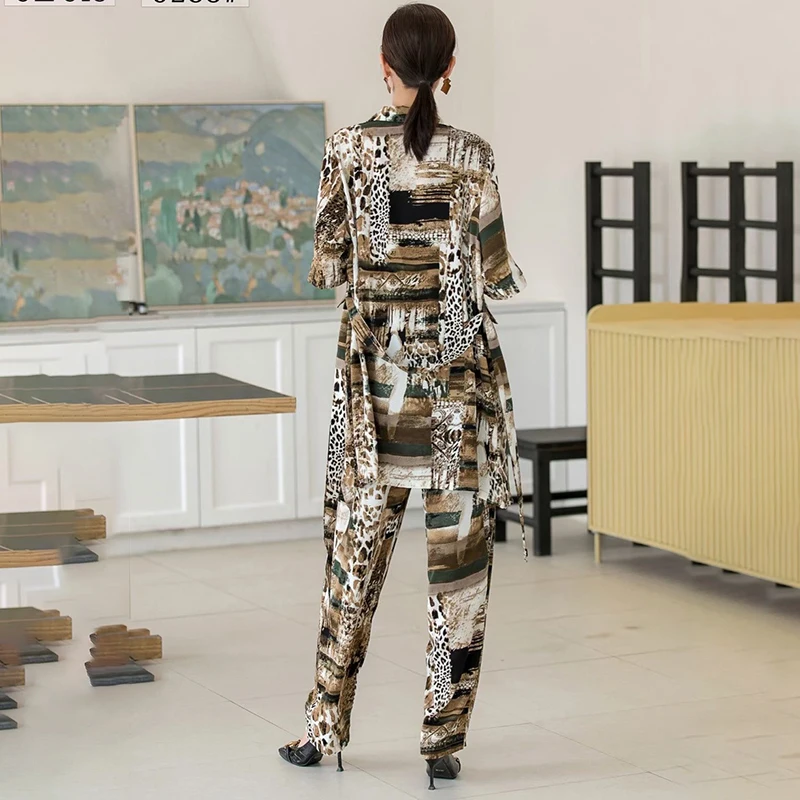 

IEQJ High-end Fashion Loose Suit Collar Jane Silk Satin Waist Is Thin And Temperament Printing Set New Black Women Fashion 2021