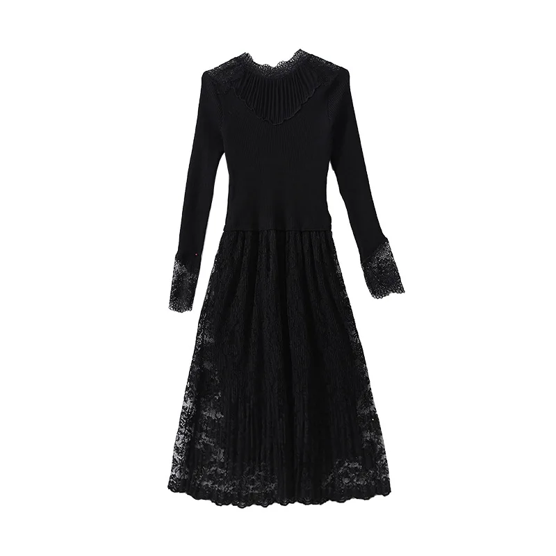 

Women Fashion Elegant Autumn Winter Round Neck Mini Knitted Dress Patchwork Long Sleeve Crochet Lace Knit Casual Evening Dress