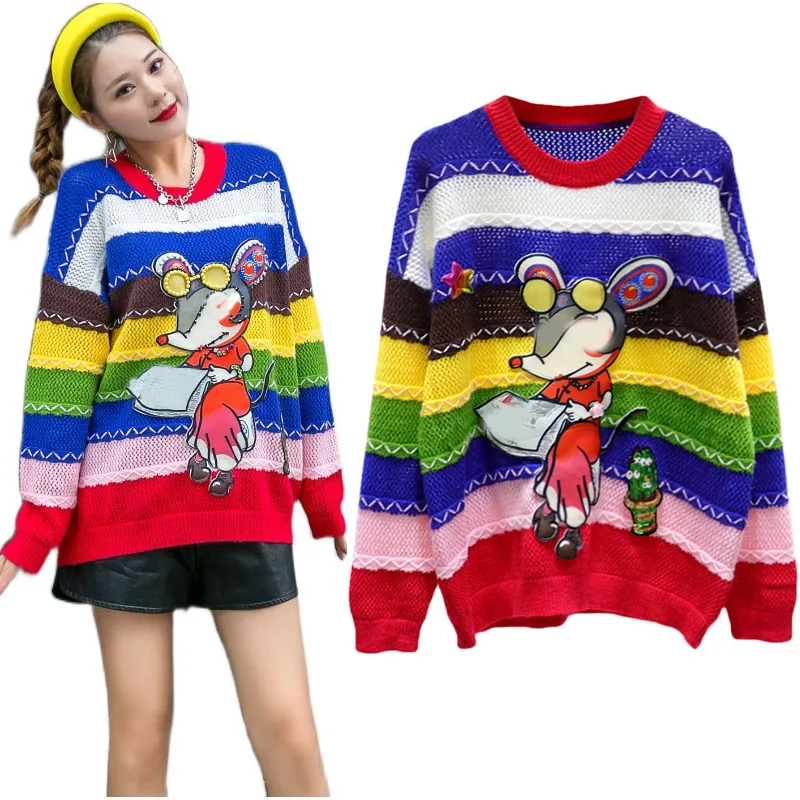 

Women's Warm Rainbow Sweater Autumn Coloful Striped Knitwear Long Sleeve Pullover Tops Chic Cartoon Casual Loose Streetwear