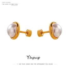 Yhpup Imitation Pearls Screw-Back Stud Earrings Trendy Titanium Steel Jewelry Geometric 18 K Charm Earrings for Women Gala Gift
