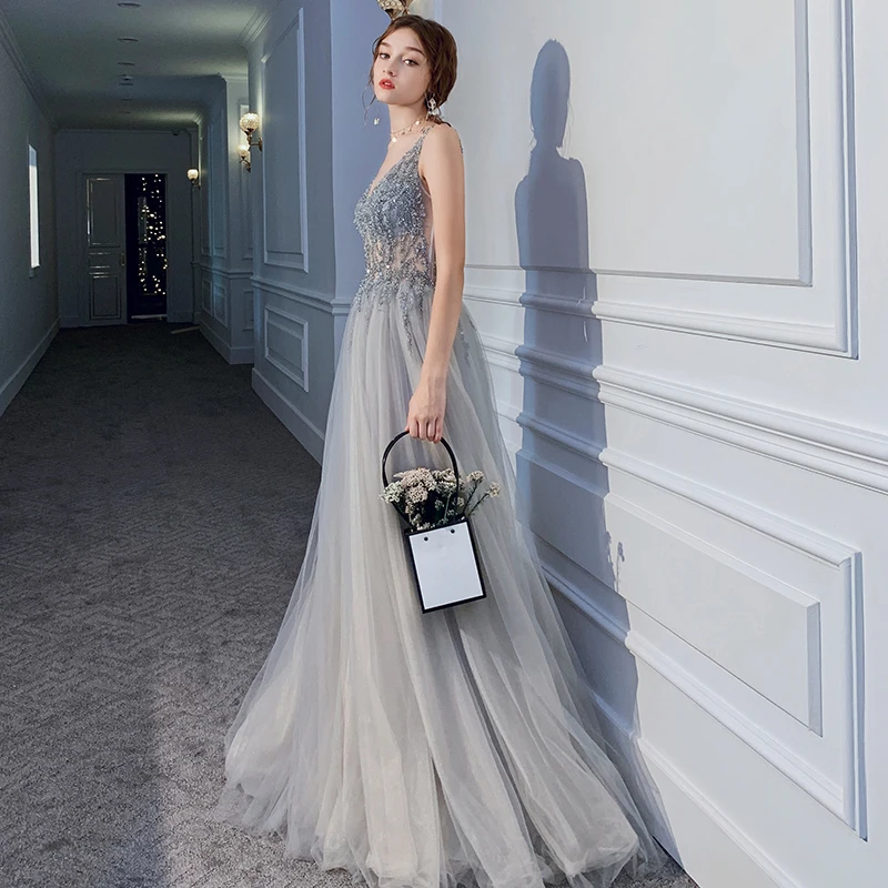 LDR36 Gray 2021 Hepburn Sling Temperament Long Dress Evening Dress Birthday Banquet Women's Gorgeous Party Dress robes de soirée