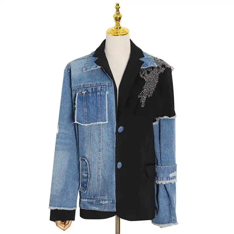

SHENGPALAE Streetwear Denim Spliced Mesh Jacket Women's Spring Autumn 2021 New Lapel Single Breasted Removable Long Sleeve Coat