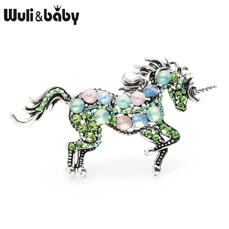 green Wuli&baby стразы броши в виде единорога для женщин сплав Лошадь Животное Свадьба Банкет броши подарки на год - Окраска металла: green