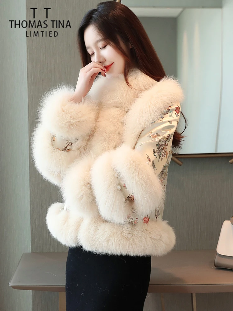 

Thomas Tina Genuine 100% real white fox fur women coat chinese court style jacket for elegant lady short overcoat in winter