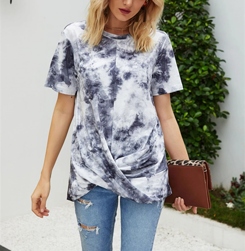 Футболка Tie-dye женские свободные топы футболка Летние Плиссированные футболки с