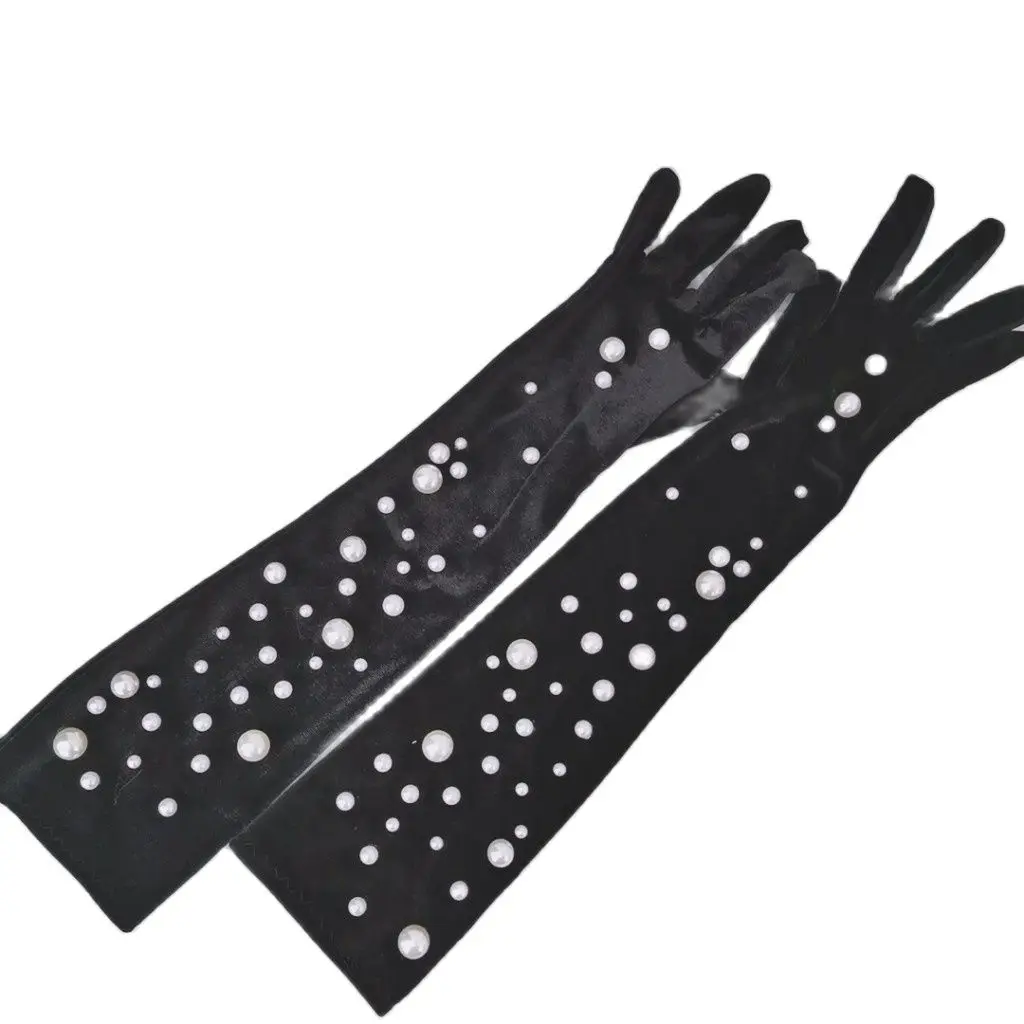

Elegant Sexy Black Velvet Long Wedding Evening Gloves With Big Small PearlsFashion Lady Bride Accessories YSAN1106