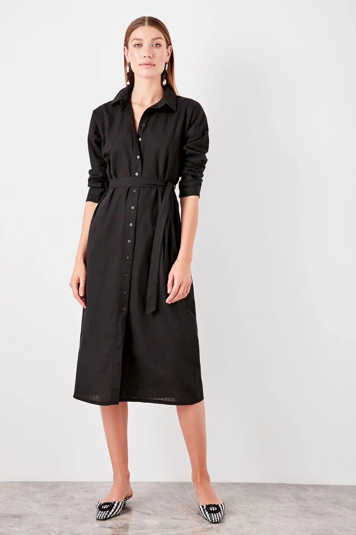 Trendyol черное платье рубашка TWOSS19EL0456|Женские платья| |