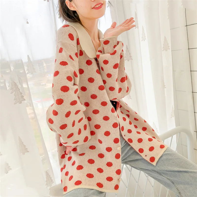 Sweater Coat Female 2020 New Korean Version Wild Spring Autumn Polo Collar Dot Medium Long Knit Cardiga Women SW1442 |