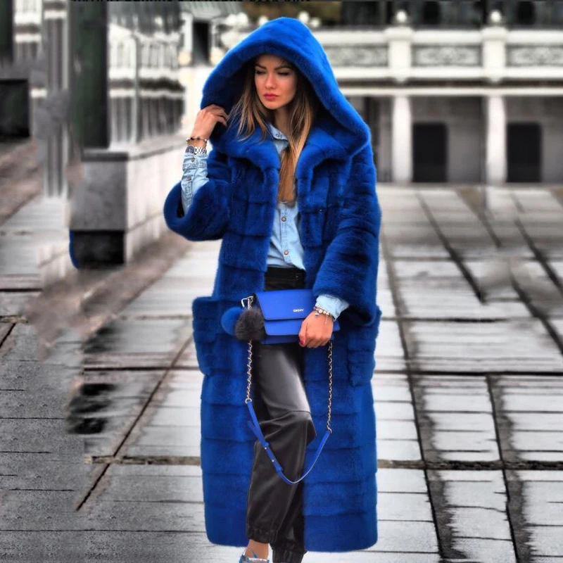 120cm Long Real Mink Fur Coats With Big Hood Fashion Luxury 2022 New Royal Blue Long Sleeve Genuine Mink Fur Coat Woman Outwear