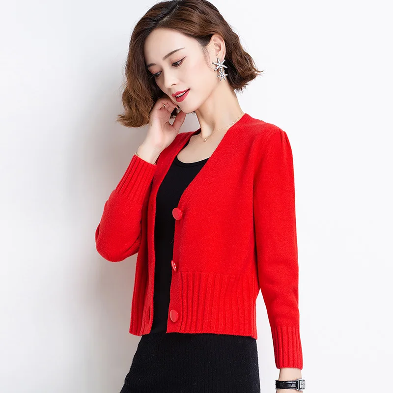 

High waist knit cardigan women's short long sleeve spring autumn 2020 new sweater coat Casual Cotton V-Neck
