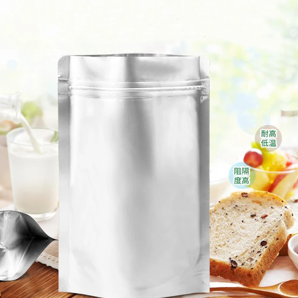 100 шт./лот стоячий мешочек из серебристой алюминиевой фольги на молнии для