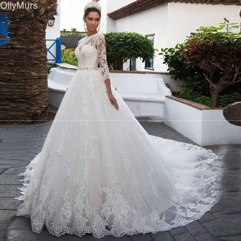 Белые цвета слоновой кости кружевные аппликационные Свадебные платья